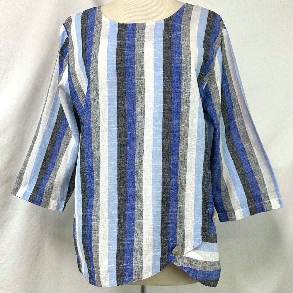 MOSAIC USA Blue White Striped Linen Asymmetrical Pullover Tunic XL Lagenlook